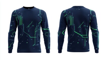 Front and back view, 3D long-sleeve jersey in dark blue with neon green glowing circuit-inspired brush  isolated on a white background