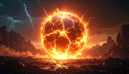 Fiery orb above a rocky landscape, lightning strikes in the distance