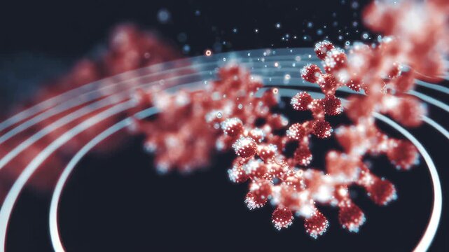 A red and white DNA strand with a black background. Macro shot signal cascade initiation at receptor binding site, geometric ripple conceptual data, receptor targeted treatment