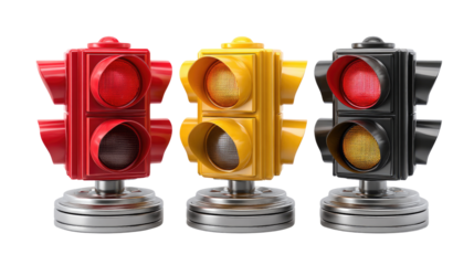 Traffic Lights: A close-up view of three traffic lights, each displaying a different signal: red, yellow, and red
