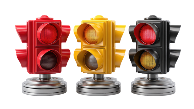 Traffic Lights: A close-up view of three traffic lights, each displaying a different signal: red, yellow, and red