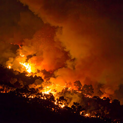 Burning forest fire with flames and smoke at night with a transparent background