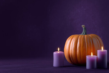 Festive Halloween pumpkins and candles glowing against a purple background scene