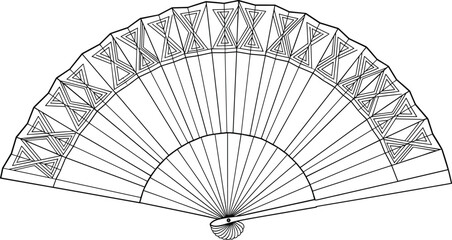 Elegant geometric fan illustration, vintage hand fan design, ornate patterned folding fan, minimalist line art, decorative accessory for fashion and culture