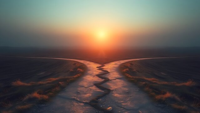 divergence. Abstract crossroads splitting into two paths, representing choices with soft directional lighting. wellbeing guides.