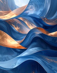 Flowing ribbons of blue and golden hues, resembling waves