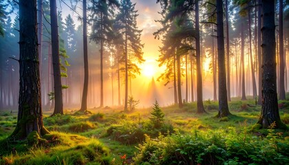 A vibrant sunrise bathes a forest in golden light, illuminating tall trees and lush vegetation. Misty air creates a serene atmosphere