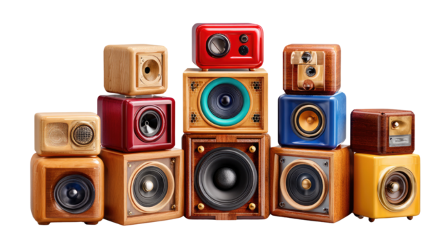 Sound Symphony: A Colorful Stack of Speakers. A vibrant arrangement of speakers showcases an array of designs, shapes, and sizes, ready to deliver sonic excellence