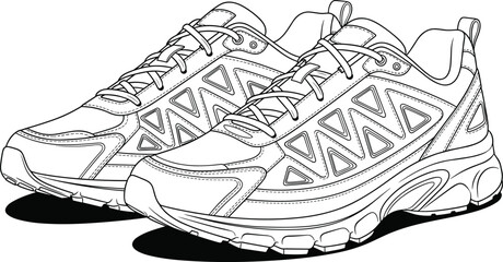 Minimalist line art vector illustration of athletic running shoes with geometric patterns, ideal for fitness, sportswear, or active lifestyle design projects, clean and modern outline style