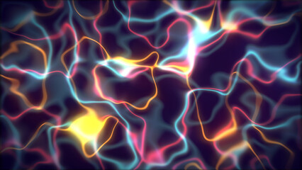 Abstract background with bright colorful glowing lines and shapes on dark backdrop