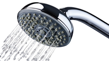 Showering in Clarity: A chrome showerhead streams refreshing water droplets, symbolizing purity, and rejuvenation in the bathroom. 