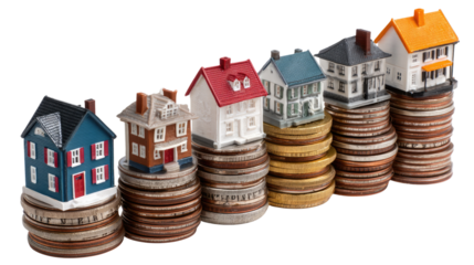 Rising Property Values: Miniature homes are perched atop stacks of coins, visually representing the concept of rising property values.