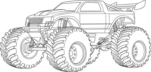 Monster truck vector illustration, line art design, off-road vehicle outline, big tire pickup, racing car sketch, coloring page style, cartoonish heavy duty truck, extreme sports vehicle © Nahl