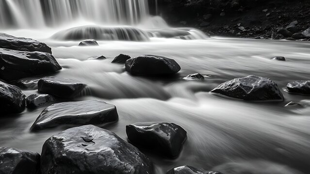 longexposure. Smooth river rocks under a gentle waterfall in a high-contrast black and white scene. travel magazines, destination branding, designed for outdoor magazines and nature guides.