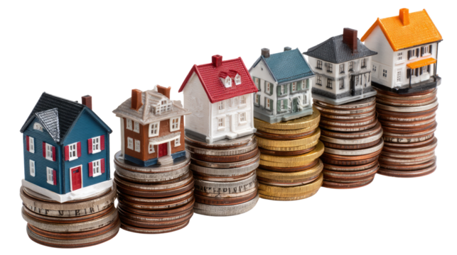 Rising Property Values: Miniature homes are perched atop stacks of coins, visually representing the concept of rising property values.