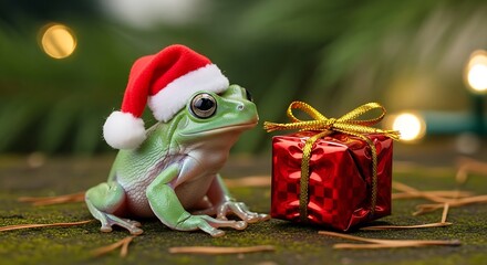 Cute Christmas kitten wearing a Santa hat, sitting beside a glowing gift box, warm festive lights, soft bokeh background, ultra-sharp, high-quality holiday photo.