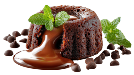 Chocolate Delight: Decadent chocolate lava cake, adorned with fresh mint and surrounded by chocolate chips. The image evokes a sense of indulgence and irresistible treat.