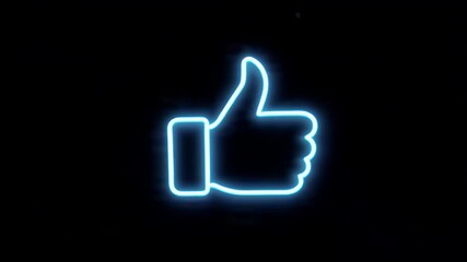 Animated blue neon thumbs up icon approval sign on black background - Powered by Adobe