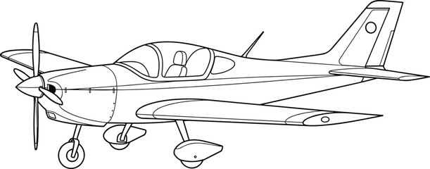 Single-engine propeller airplane vector illustration, line art outline, small aircraft sketch, aviation design, coloring page style, side view, isolated on white, cartoonish pilot plane © Nahl