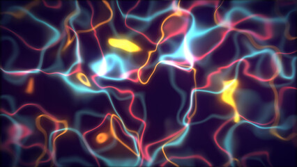 Abstract background featuring glowing lines and shapes in motion on dark backdrop