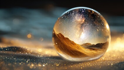 Crystal ball reflecting a starry night desert landscape