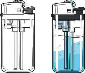 Water filter bottle vector illustration, portable purification system, line art design, before and after filtration sketch, hydration solution, eco-friendly drinking, isolated on white, health concept