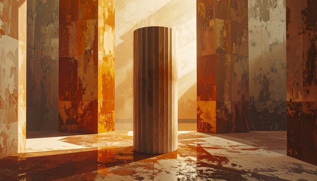 Interior with cylindrical structure, warm lighting, and textured walls