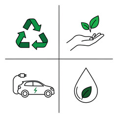 Eco-friendly line art illustration featuring recycling symbol, leaf in hand, electric car, and water drop with leaf for sustainability theme