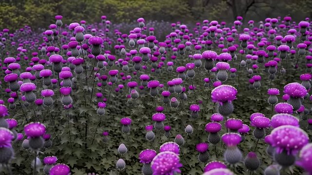 Blooming purple milk thistle flowers in summer field. 4K Video