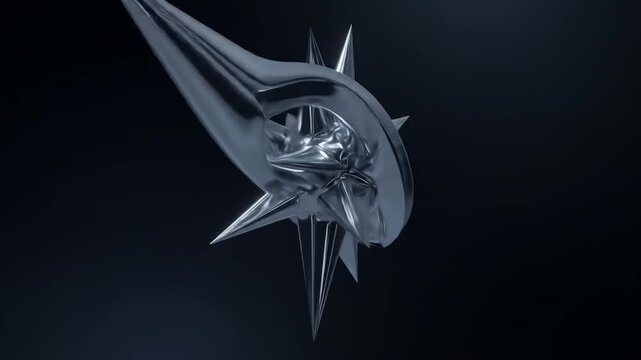 A futuristic, abstract metallic object with sharp spikes and a reflective surface against a dark background.