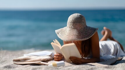 A woman lying face down on a sandy beach, positioned slightly to the right side of the frame, resting on a beige towel with a folded white towel under her head