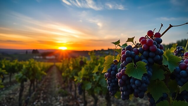 topboots. Sunset over a Piedmont vineyard with ripe nebbiolo grapes under golden hour light. inspiring travel planning, travel magazines, designed for travel destination branding, drives exploration.