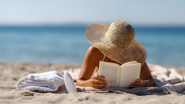 A woman lying face down on a sandy beach, positioned slightly to the right side of the frame, resting on a beige towel with a folded white towel under her head - Powered by Adobe