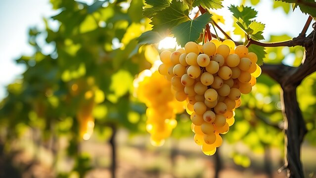 torrontes. Sunlight through vine leaves highlighting ripe Torrontes grapes in an Argentinian vineyard. bar promotions, beverage menus, designed for food & beverage menus and cafe branding.