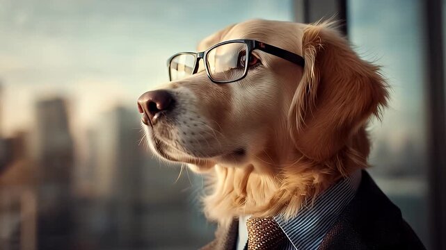 Professional Dog CEO Looking Out Over Cityscape