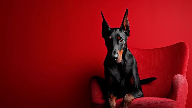 Doberman Pinscher dog sitting regally on a vibrant red armchair