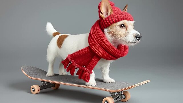 Cute Jack Russell Dog Wearing Scarf and Hat Standing on Skateboard