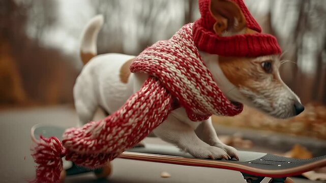 Cute Jack Russell Terrier skateboarding in red winter scarf and beanie