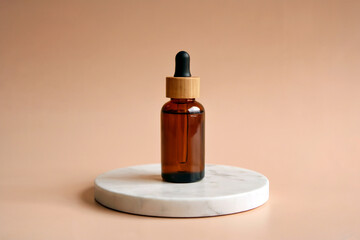 Amber Glass Dropper Bottle on Marble Stand Natural Skincare Organic Cosmetic Concept
