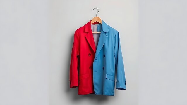 spile. A single coat perfectly split into red and blue halves on a neutral background. lifestyle magazines, social media lookbooks, designed for lifestyle magazines and social media content.