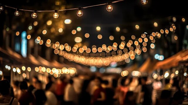 Blurred night market crowd near fast food truck. 4K Video