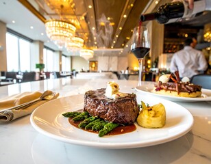 Gourmet steak dish on white plate in elegant restaurant setting