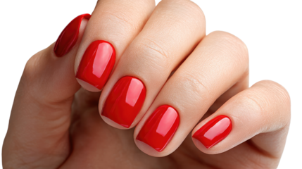 Chic Red Nails: A close-up shot of a hand with meticulously painted, glossy red nails, showcasing elegance and style. 