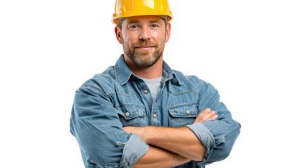 Construction Worker: A focused construction worker confidently poses, adorned in a yellow helmet and a denim shirt, with arms crossed in a stance of professionalism.