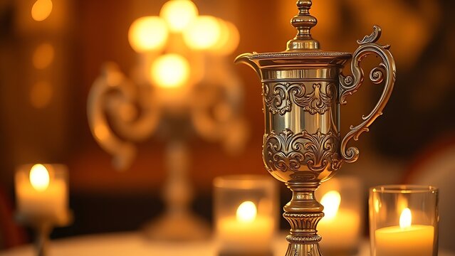 flagon. Ornate silver flagon reflecting candlelight with slight tilt, warm golden tones. bar promotions, beverage menus, designed for food & beverage menus and cafe branding.