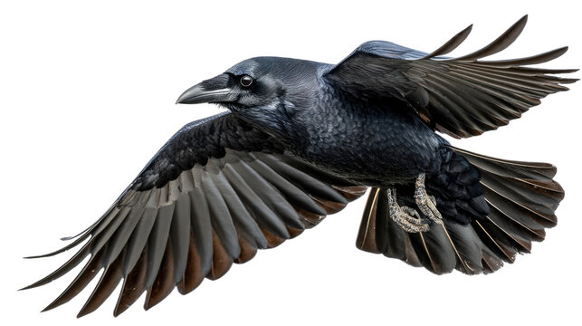 Raven in Flight: A majestic raven soars gracefully through the air, its dark feathers spread wide, showcasing the bird's natural elegance. A dramatic display of freedom and power