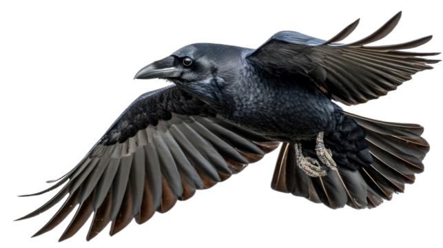 Raven in Flight: A majestic raven soars gracefully through the air, its dark feathers spread wide, showcasing the bird's natural elegance. A dramatic display of freedom and power