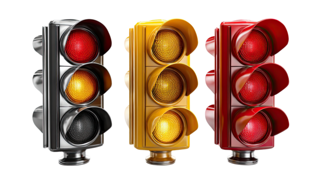Traffic Signal Trio: A vibrant array of traffic signals, showcasing red, yellow, and green lights in their various states, symbolizing the flow of urban life.