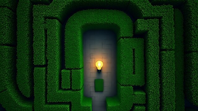 stammer. Aerial view of a hedge maze shaped like a question mark with a light symbol at its end. travel magazines, destination branding, designed for outdoor magazines and nature guides.