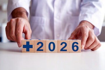 Healthcare Innovation 2026 Medical Future Concept with Doctor and Wooden Blocks